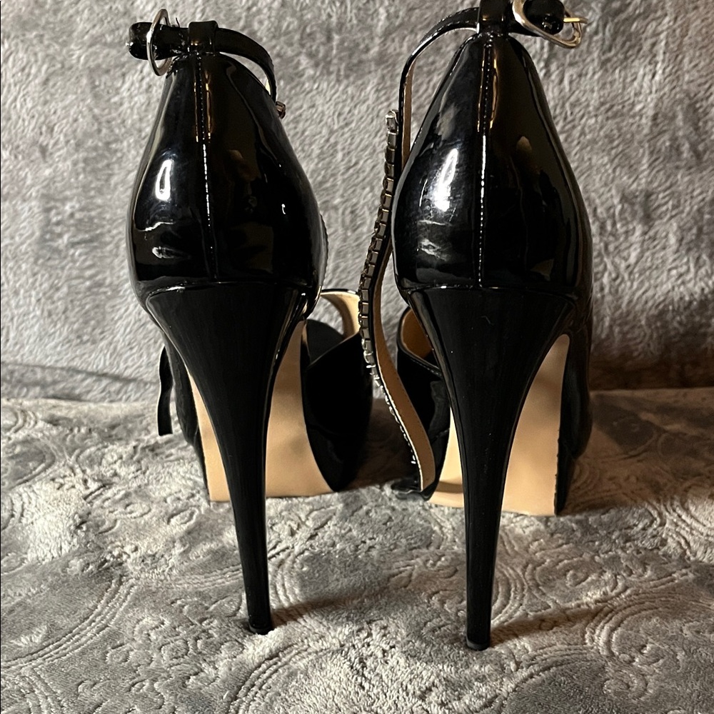 Black Patent Peep-Toe Platform 6 inch Heels with Rhinestone Ankle Strap - Picture 5 of 16